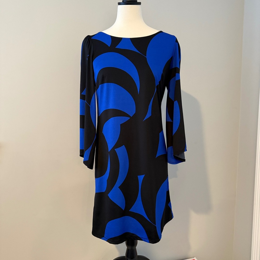 International Concepts Black Blue Abstract Boat Neck 3/4 Sleeve Dress Small